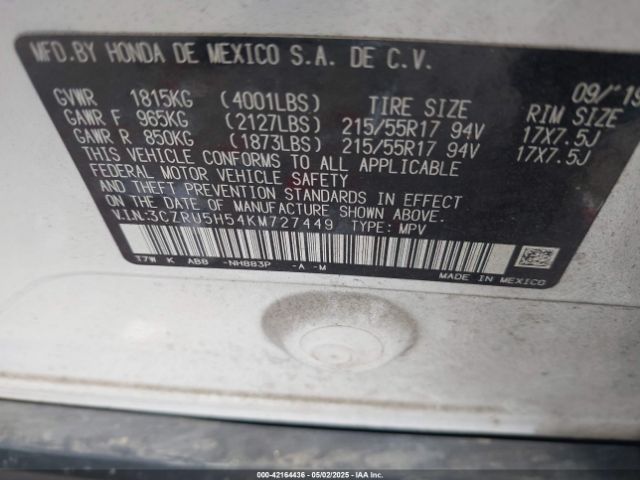 2019 HONDA HR-V 3CZRU5H54KM727449 Photo 8