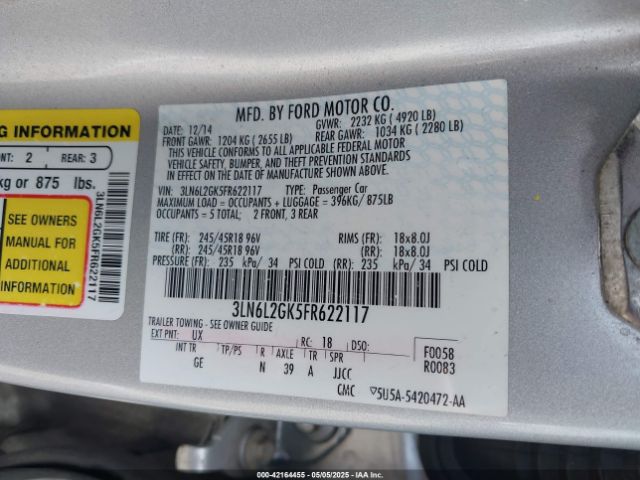3LN6L2GK5FR622117 Lincoln MKZ
