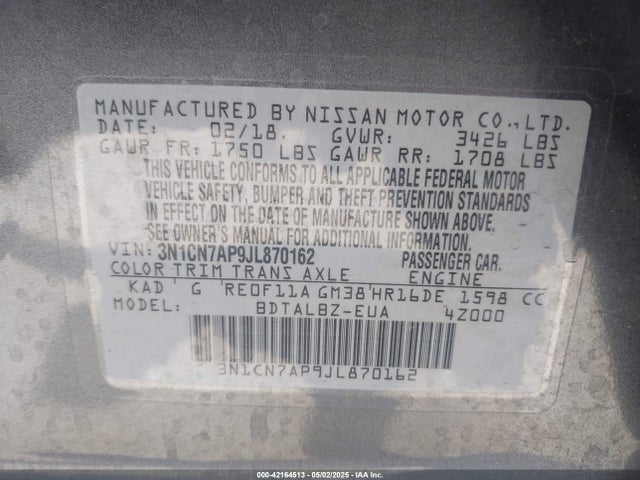 3N1CN7AP9JL870162 Nissan Versa 1.6 Sv