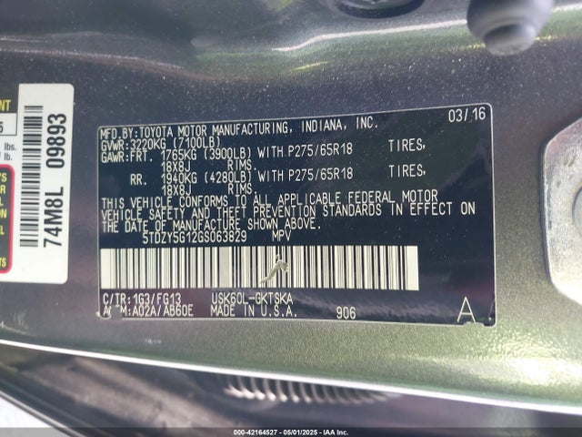 5TDZY5G12GS063829 Toyota Sequoia Sr5 5.7l V8