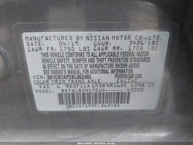 3N1CN7AP2KL862485 Nissan Versa 1.6 Sv