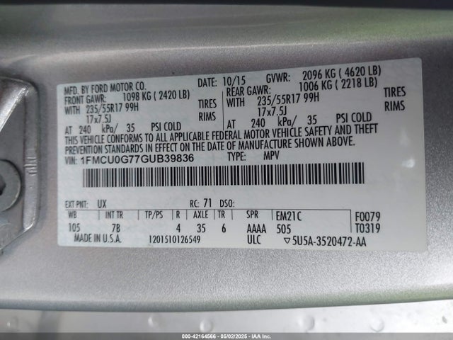 1FMCU0G77GUB39836 Ford ESCAPE SE