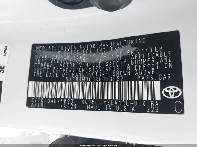 5YFB4MDE6RP183952 Toyota COROLLA LE