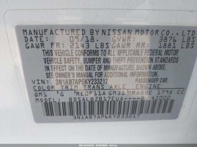 3N1AB7AP6KY233217 Nissan SENTRA S
