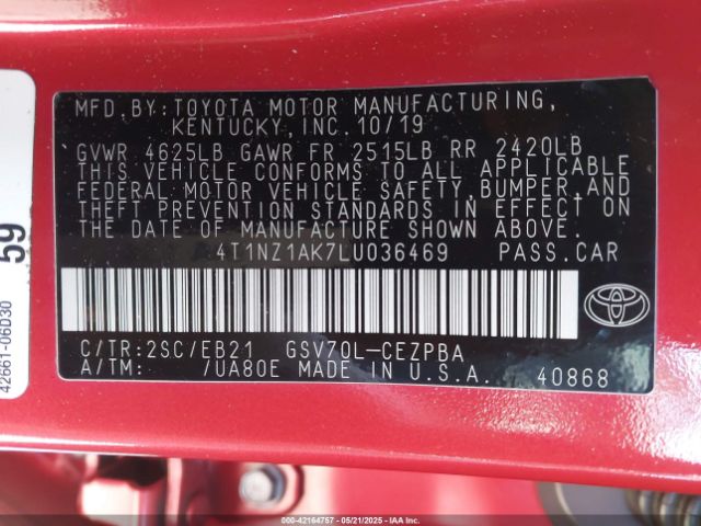 2020 TOYOTA CAMRY 4T1NZ1AK7LU036469 Photo 8
