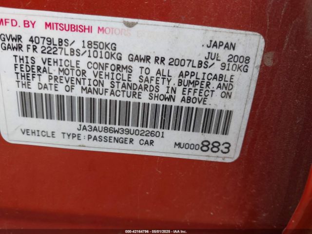 2009 MITSUBISHI LANCER JA3AU86W39U022601 Photo 8