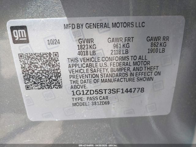 1G1ZD5ST3SF144778 Chevrolet Malibu Fwd 1lt