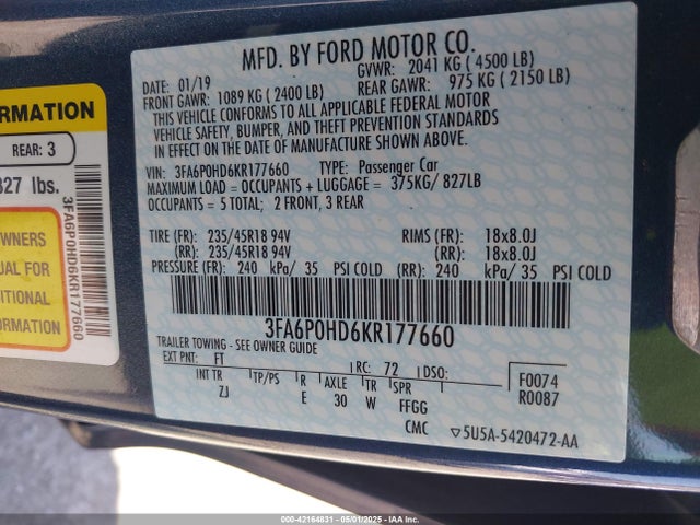 Продажа на аукционе авто 2019 Ford Fusion Se, vin: 3FA6P0HD6KR177660, номер лота: 42164831