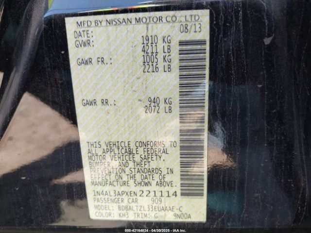 1N4AL3APXEN221114 Nissan Altima 2.5 Sv
