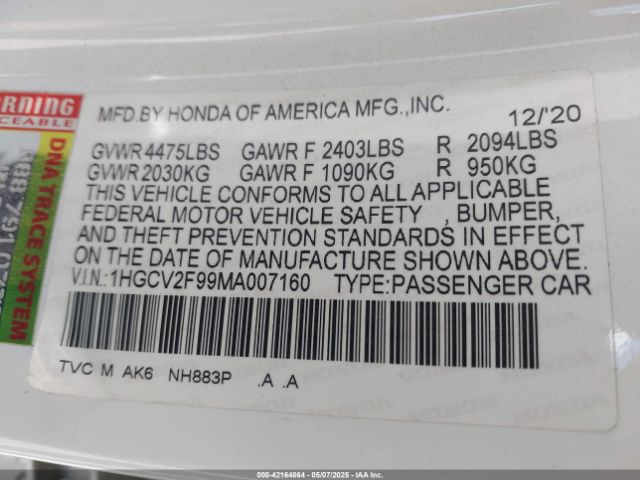 1HGCV2F99MA007160 Honda Accord Touring