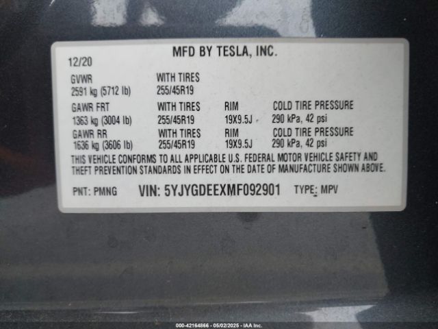 5YJYGDEEXMF092901 Tesla Model Y Long Range Dual Motor All-wheel Drive
