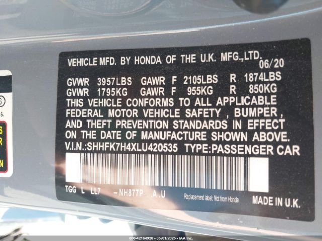 SHHFK7H4XLU420535 Honda l15ba
