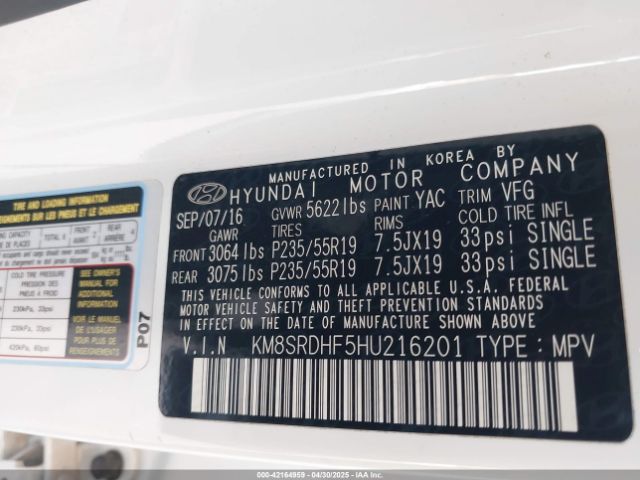 KM8SRDHF5HU216201 Hyundai Santa Fe Limited Ultimate