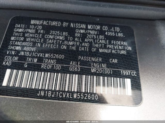 JN1BJ1CVXLW552600 Nissan Rogue Sport S Fwd Xtronic Cvt