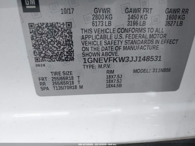 1GNEVFKW3JJ148531 Chevrolet Traverse Ls