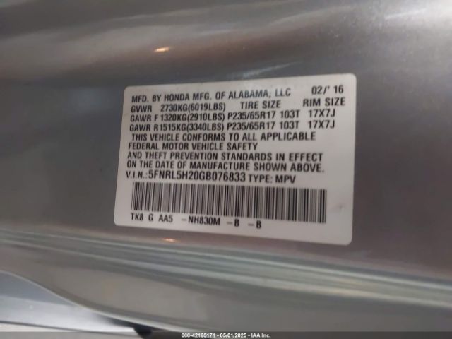 5FNRL5H20GB076833 Honda ODYSSEY LX