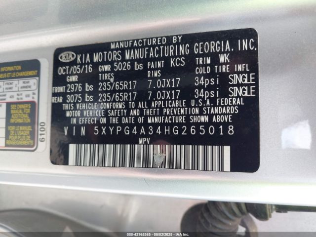 5XYPG4A34HG265018 KIA Sorento 2.4l Lx
