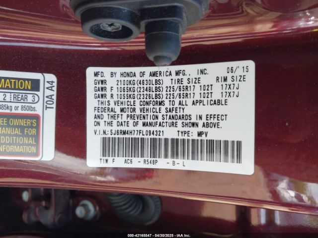 5J6RM4H77FL094321 Honda Cr-v Ex-l
