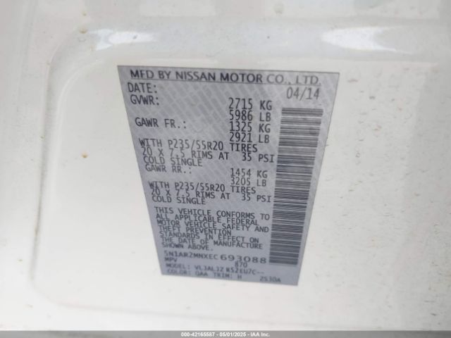 5N1AR2MNXEC693088 Nissan Pathfinder Platinum