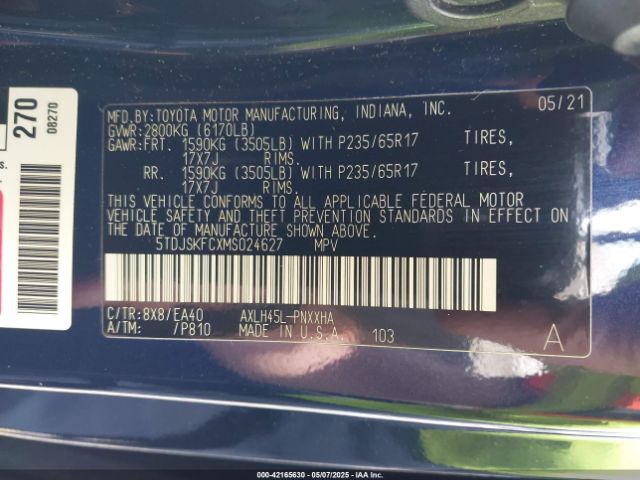 5TDJSKFCXMS024627 Toyota SIENNA XLE