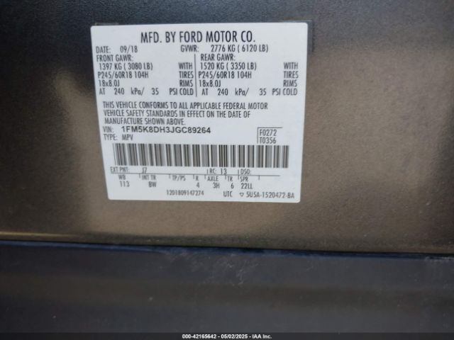 1FM5K8DH3JGC89264 Ford EXPLORER XLT