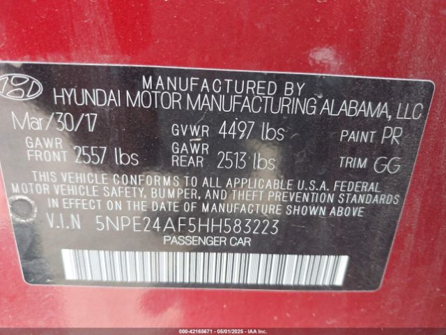 5NPE24AF5HH583223 Hyundai Sonata