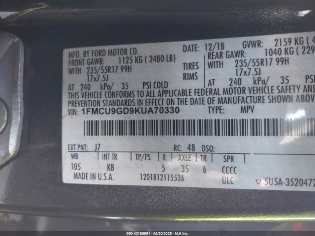 1FMCU9GD9KUA70330 Ford ESCAPE SE