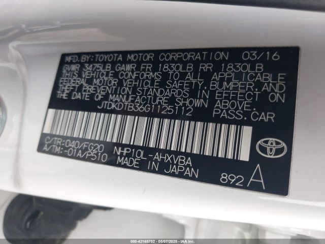 JTDKDTB36G1125112 Toyota Prius C Two