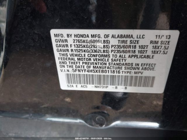 5FNYF4H5XEB011816 Honda Pilot Ex-l