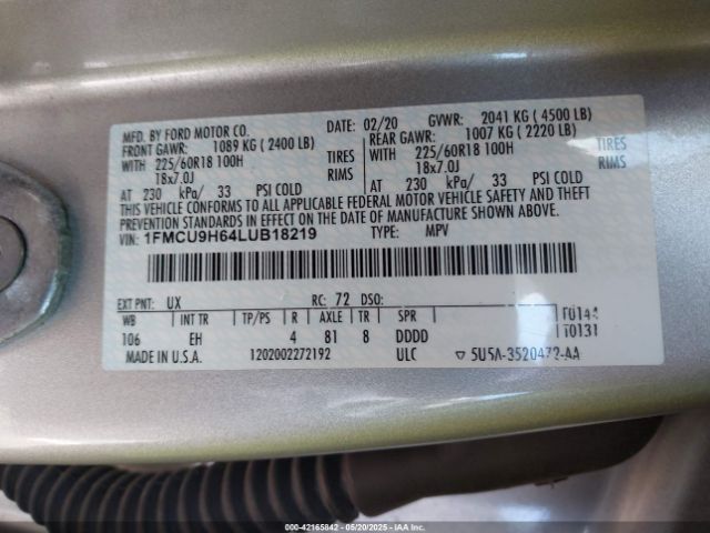 1FMCU9H64LUB18219 Ford ESCAPE SEL