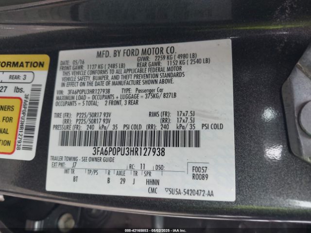 2017 FORD FUSION ENERGI 3FA6P0PU3HR127938 Photo 8