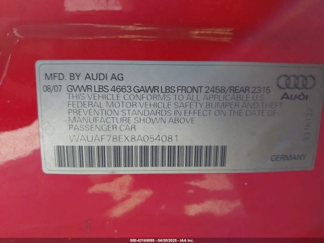 2008 AUDI A4 WAUAF78EX8A054081 Photo 8