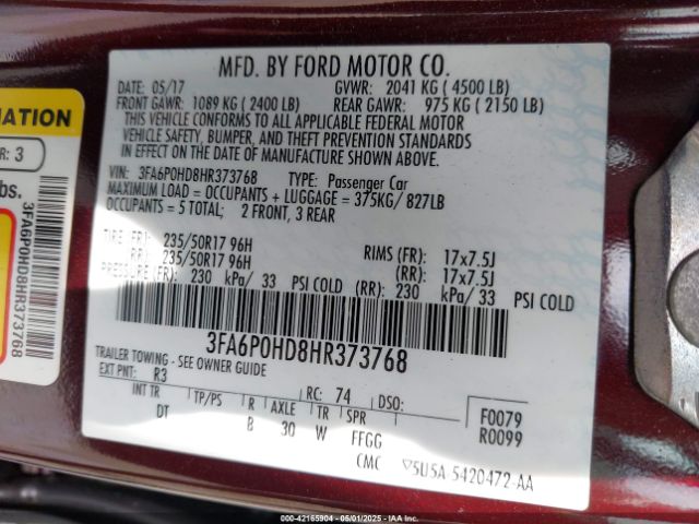 3FA6P0HD8HR373768 Ford FUSION SE
