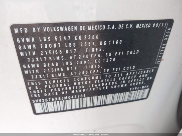 2018 VOLKSWAGEN TIGUAN 3VV3B7AX8JM044789 Photo 8