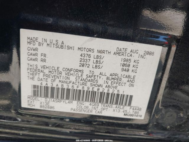 2009 MITSUBISHI GALANT 4A3AB36F89E028251 Photo 8