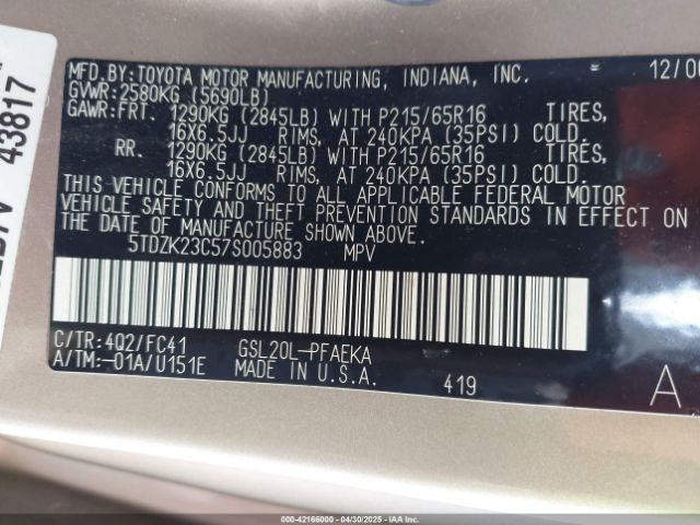 2007 TOYOTA SIENNA 5TDZK23C57S005883 Photo 8