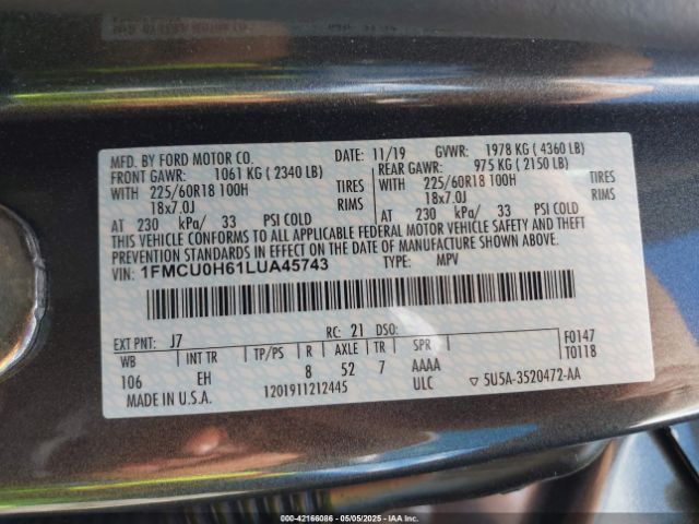 1FMCU0H61LUA45743 Ford ESCAPE SEL