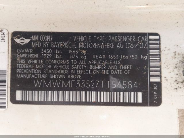 2007 MINI COOPER WMWMF33527TT54584 Photo 8
