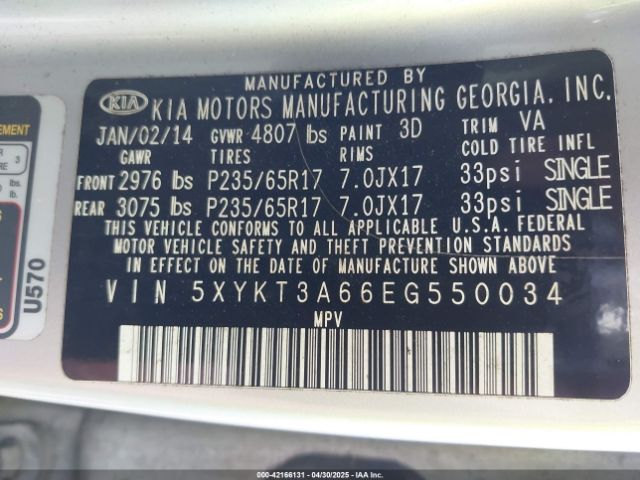 5XYKT3A66EG550034 KIA SORENTO LX