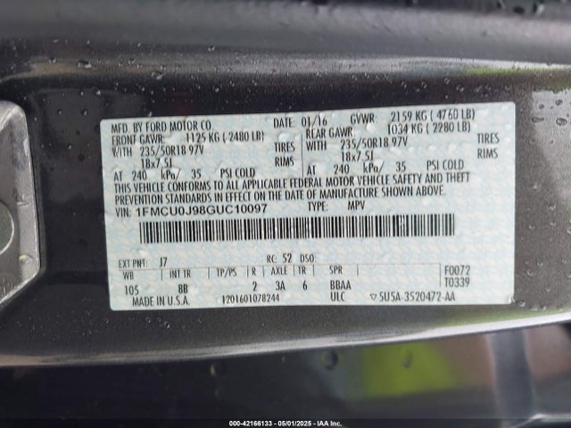 Продажа на аукционе авто 2016 Ford Escape Titanium, vin: 1FMCU0J98GUC10097, номер лота: 42166133