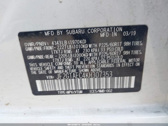 JF2GTAEC4KH307353 Subaru Crosstrek 2.0i Premium