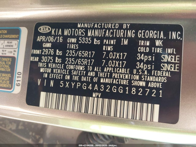 5XYPG4A32GG182721 KIA Sorento 2.4l Lx