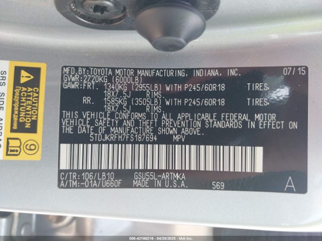 5TDJKRFH7FS187694 Toyota Highlander Xle V6