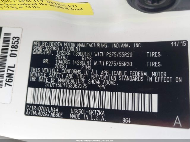 5TDYY5G11GS062229 Toyota Sequoia Platinum 5.7l V8