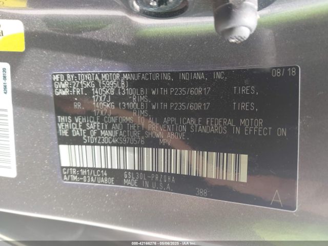 5TDYZ3DC4KS970576 Toyota 2gr-fks