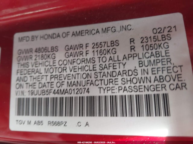 Acura k20c6 2021 19UUB5F44MA012074 Image 9