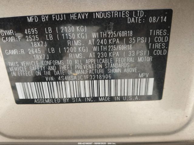 4S4BSAJC1F3218906 Subaru Outback 2.5i Limited