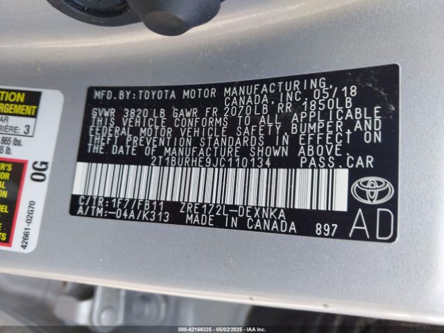 2T1BURHE9JC110134 Toyota COROLLA LE
