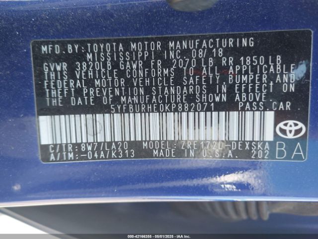 5YFBURHE0KP882071 Toyota Corolla Xse