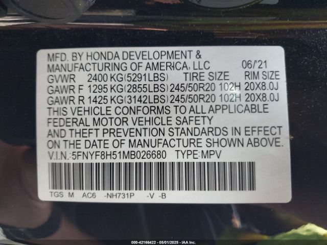 5FNYF8H51MB026680 Honda Passport Awd Ex-l